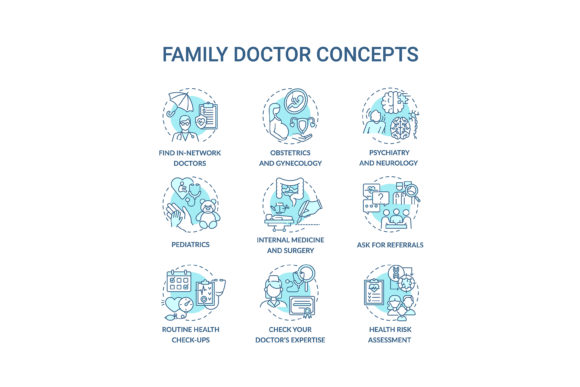 Family Doctor Blue Concept Icons Set: Graphics and Icons for Medical Content